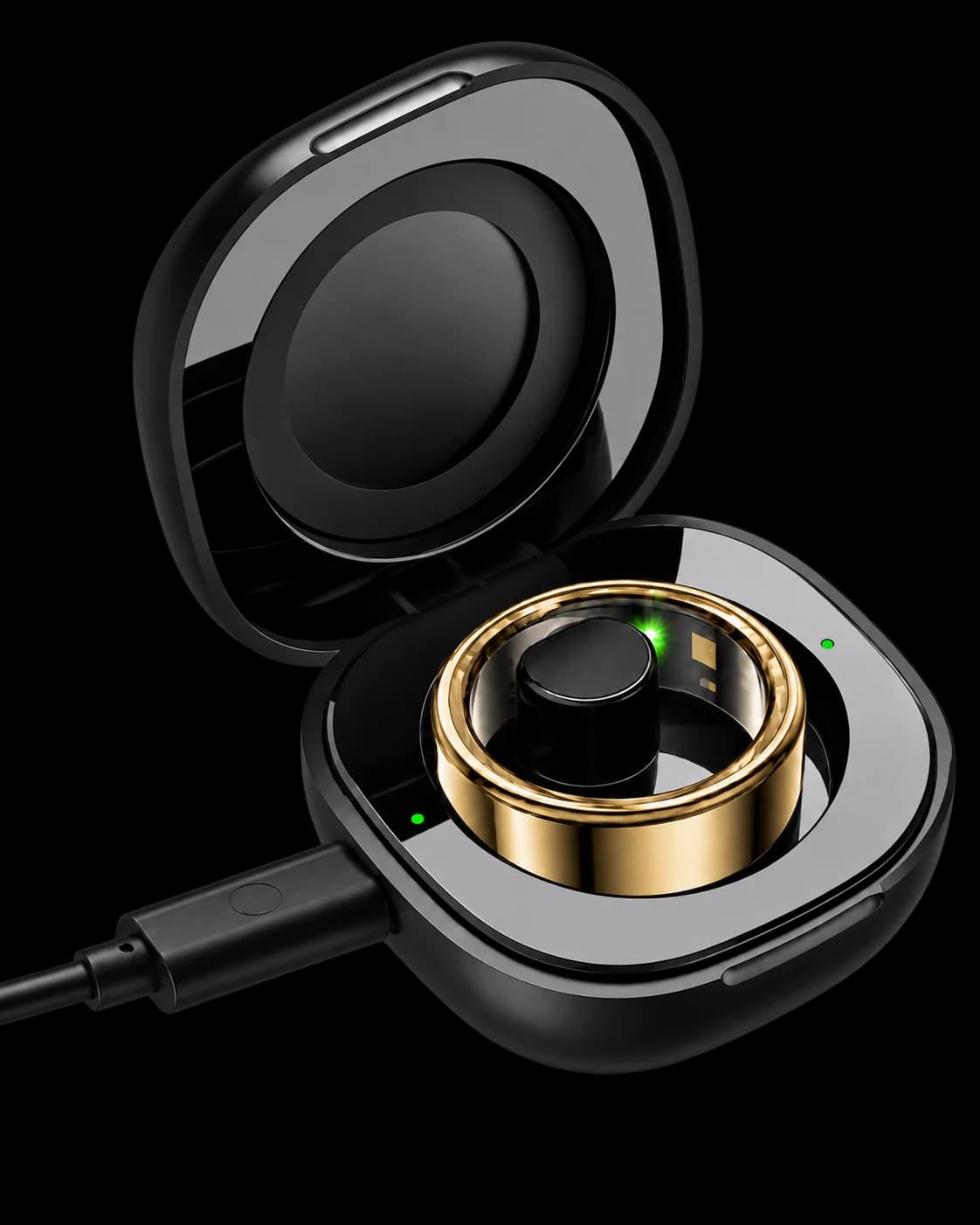 The charging box open with the gold Ohm Ring inside and the cable attached